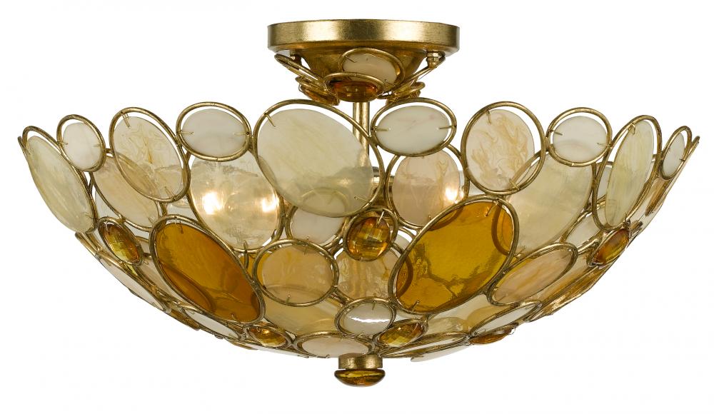 Eight Light Antique Gold Leaf Earth Tone Resin Leaves + Hand Cut Crystal Glass Bowl Semi-Flush Mount
