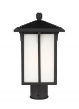 Seagull - Generation 8252701-12 - Tomek modern 1-light outdoor exterior post lantern in black finish with etched white glass panels