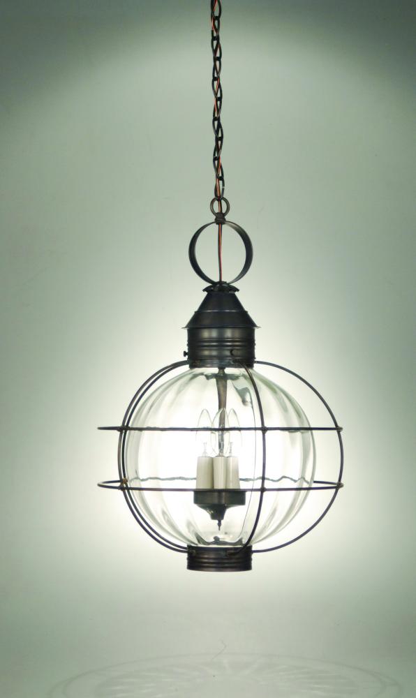 Caged Round Hanging Verdi Gris 3 Candelabra Sockets Clear Seedy Glass