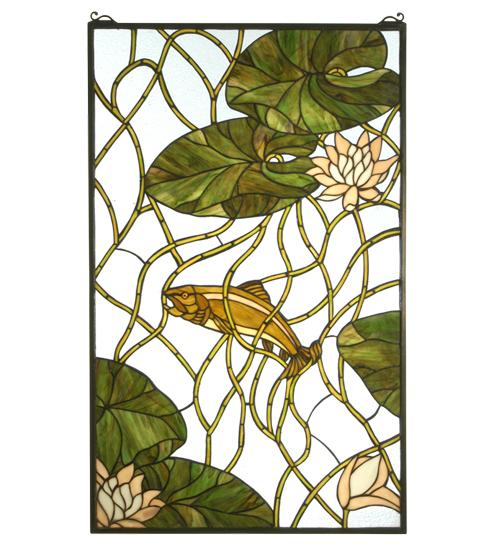 24"W X 38"H Trout & Water Lilies Stained Glass Window